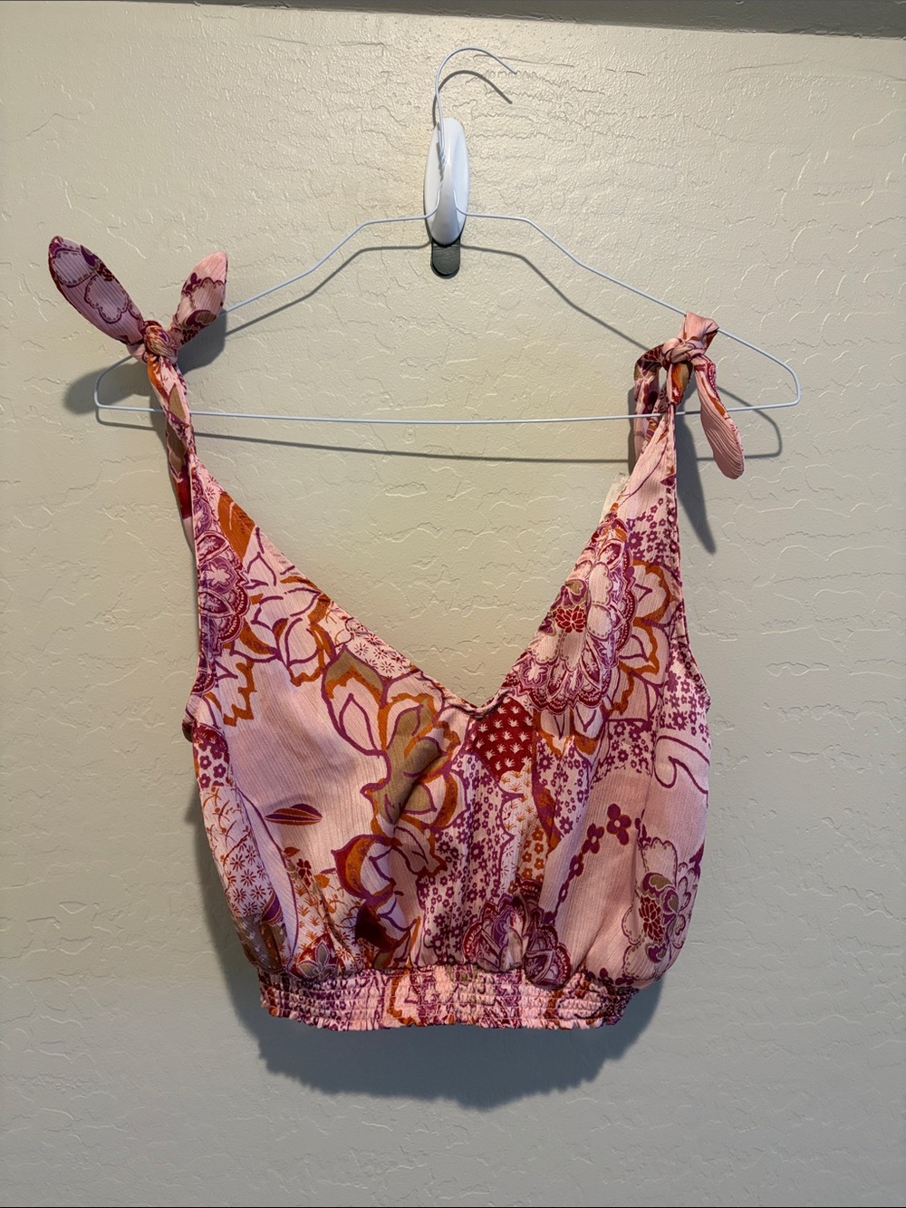 Free People Pink Floral Tie-Shoulder Crop Cami